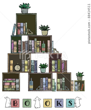 Hand-painted watercolor illustrations in classical colors of wooden boxes containing antique books, objects and foliage plants Hand-painted watercolor illustrations in classical colors of wooden boxes containing antique books, objects and foliage plants 88414511