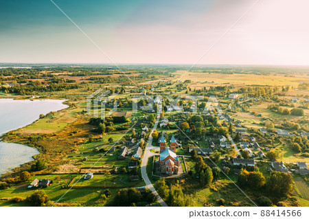 Ikazn, Braslaw District, Vitebsk Voblast, Belarus. Aerial View Of Church of the Body of God 88414566