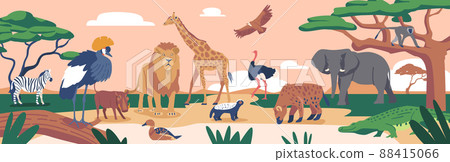 African Animals and Birds in Savannah Landscape. Crowned Crane, Zebra, Lion and Boar, Giraffe, Duck and Honey Badger 88415066