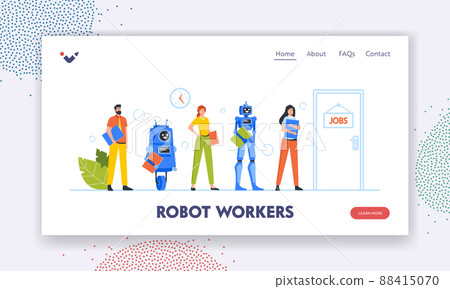 Cyborg VS People Workers Landing Page Template. Robots and Human Applicants Characters Stand in Queue Waiting Interview 88415070
