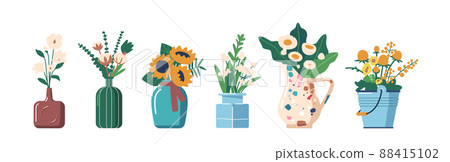 Set of Icons Beautiful Blossoms, Flower Bouquets Isolated on White Background. Chamomile, Cotton and Sunflower in Vases 88415102