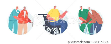Medical Care of Elderly People Isolated Icons. Medics Help Old Disabled People in Nursing Home. Social Care of Seniors Medical Care of Elderly People Isolated Icons. Medics Help Old Disabled People in Nursing Home. Social Care of Seniors 88415124