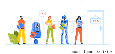 Robots and Human Applicants Characters Stand in Queue Waiting Hiring Interview at Office Hall. Hr, Robotization 88415126