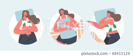 Female Character Sleeping Poses Isolated Round Icons or Avatars, Girl Lying in Bed in Various Comfort Positions Top View Female Character Sleeping Poses Isolated Round Icons or Avatars, Girl Lying in Bed in Various Comfort Positions Top View 88415129