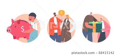 Pension Deductions, Passive Income, Profit, Retirement Budget Isolated Icons. Baby with Piggy Bank, Characters and Money Pension Deductions, Passive Income, Profit, Retirement Budget Isolated Icons. Baby with Piggy Bank, Characters and Money 88415142
