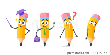 Set of Cartoon Pencils wear Graduation Cap with Pointer, Happy Businessman with Briefcase, Confused Personage 88415143
