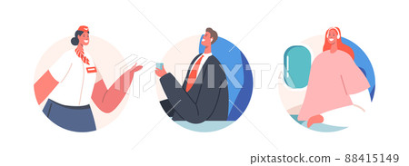Stewardess and Passengers Isolated Round Icons or Avatars. People Sit on Aircraft Chairs. Airplane Crew and Characters Stewardess and Passengers Isolated Round Icons or Avatars. People Sit on Aircraft Chairs. Airplane Crew and Characters 88415149