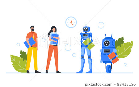 Robots and Human Waiting Hiring Interview in Office Hall. Robotization and Cyborg VS People Concept. Business Characters Robots and Human Waiting Hiring Interview in Office Hall. Robotization and Cyborg VS People Concept. Business Characters 88415150