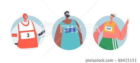 Paralympic and Healthy Athletes Isolated Round Icons or Avatars, Sportsmen Characters in Uniform, Young Disabled Athlete 88415151