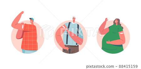 Immunization, Vaccination, Health Care Isolated Round Icons or Avatars. Group of Vaccinated People Show Patch 88415159