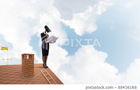 Concept of security and privacy protection with camera headed woman Concept of security and privacy protection with camera headed woman 88416168