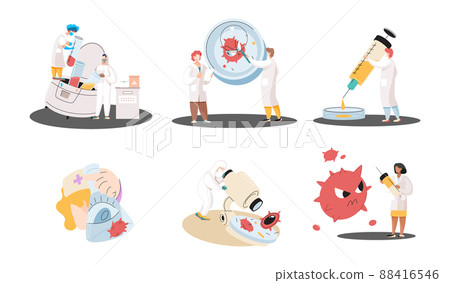 Antivirus vaccine. Scientists conducting scientific researches team of laboratory assistants with test tubes scenes set 88416546