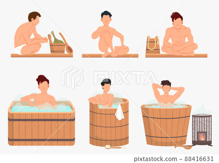 Young man sitting in tub washing his body in sauna. Wellness spa procedures in wooden water barrel Young man sitting in tub washing his body in sauna. Wellness spa procedures in wooden water barrel 88416631