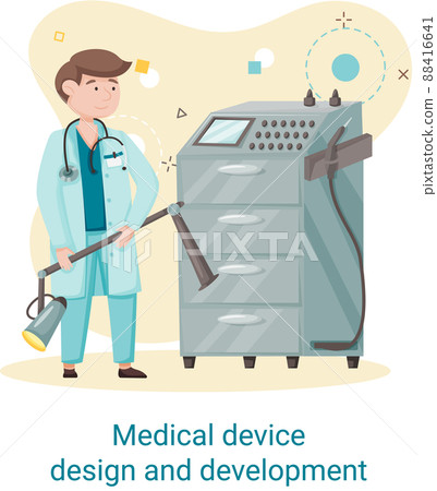 Medical device design and development banner with scientist develop equipment and appliance 88416641