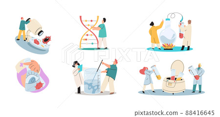 Antivirus vaccine. Scientists conducting scientific researches team of laboratory assistants with test tubes scenes set Antivirus vaccine. Scientists conducting scientific researches team of laboratory assistants with test tubes scenes set 88416645