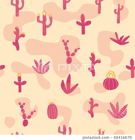 Seamless patterns with different cacti. Bright repeating texture with pink cacti. Background with desert plants Seamless patterns with different cacti. Bright repeating texture with pink cacti. Background with desert plants 88416670