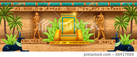 Egypt temple background, gold throne, gods statue silhouette, vector ancient pharaoh pyramid wall Egypt temple background, gold throne, gods statue silhouette, vector ancient pharaoh pyramid wall 88417089