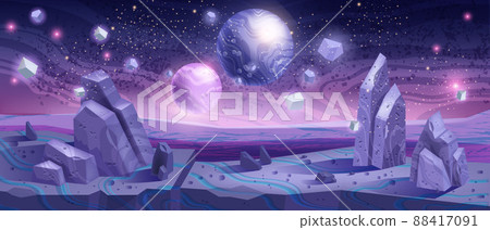 Space background, alien planet landscape, vector cartoon fantasy game banner, cosmic purple rocks 88417091
