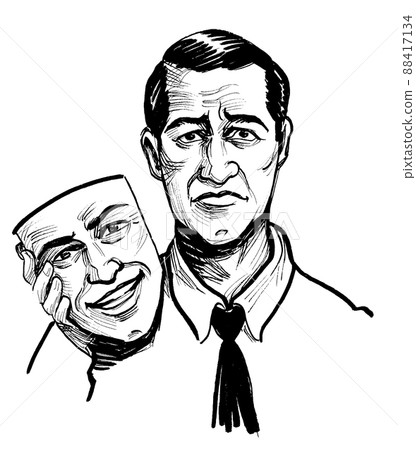 Sad man with smiling mask. Ink black and white drawing Sad man with smiling mask. Ink black and white drawing 88417134