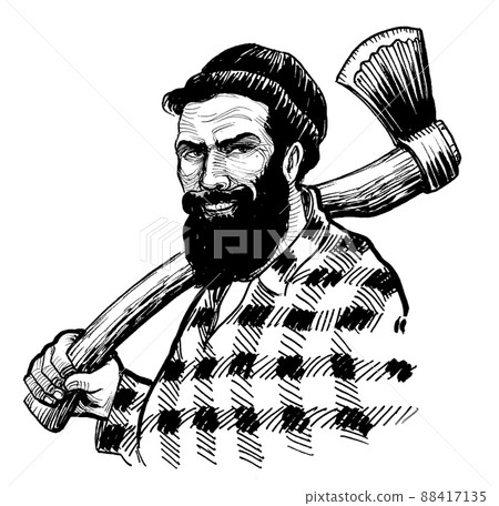 Canadian lumberjack with axe. Ink black and white drawing Canadian lumberjack with axe. Ink black and white drawing 88417135