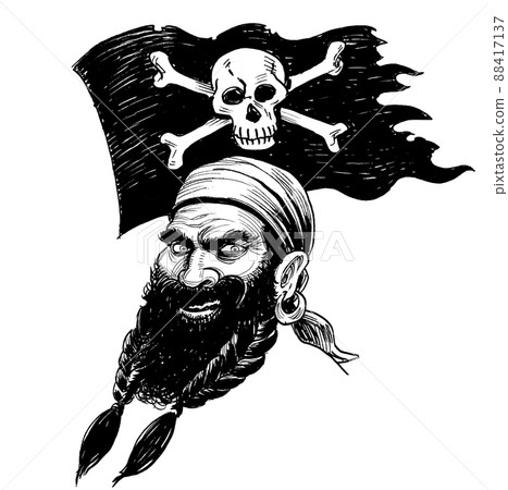 Pirate captain and flag with skull and crossed bones. Ink black and white drawing 88417137