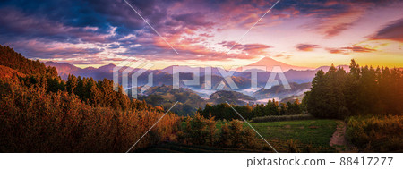Panorama image of Mt. Fuji with green tea field at sunrise in Shizuoka, Japan. Panorama image of Mt. Fuji with green tea field at sunrise in Shizuoka, Japan. 88417277
