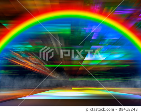 Abstract sci-fi 3d illustration with rainbow and fog Abstract sci-fi 3d illustration with rainbow and fog 88418248
