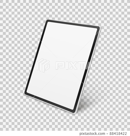 White realistic tablet mockup isolated on transparent checkered background. 3d device with blank white screen White realistic tablet mockup isolated on transparent checkered background. 3d device with blank white screen 88418422