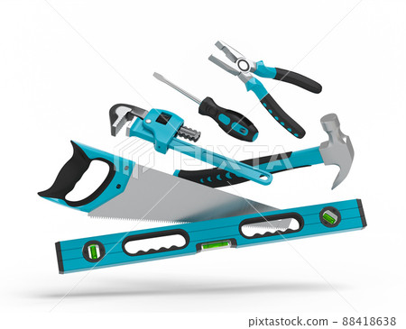 Flying view of green construction tools for repair on white 88418638