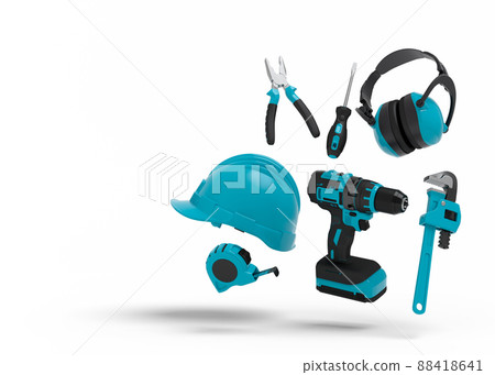 Flying view of green construction tools for repair on white 88418641