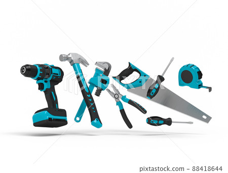 Flying view of green construction tools for repair on white 88418644