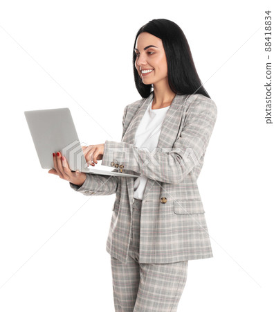 Beautiful young businesswoman with laptop on white background 88418834