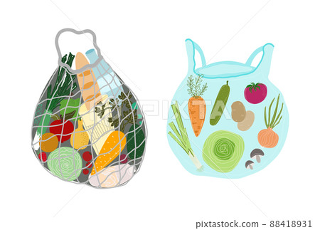 Shopping bag and turtle bag flat vector illustrations set. Grocery purchases, bag with organic products. Natural food, organic fruits and vegetable. Department store goods. Shopping bag and turtle bag flat vector illustrations set. Grocery purchases, bag with organic products. Natural food, organic fruits and vegetable. Department store goods. 88418931