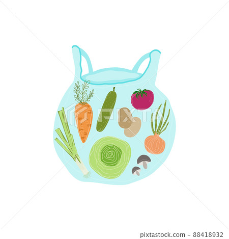 Shopping bag flat vector illustrations set. Grocery purchases, bag with products. Natural food, organic fruits and vegetable. Department store goods. Carrot, cucumber, cabbage, potato, tomato, onion Shopping bag flat vector illustrations set. Grocery purchases, bag with products. Natural food, organic fruits and vegetable. Department store goods. Carrot, cucumber, cabbage, potato, tomato, onion 88418932