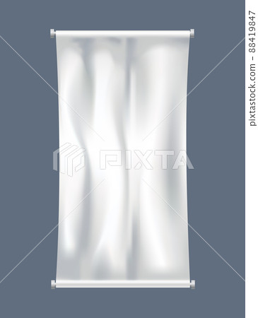 White textile banner with folds template. Canvas blank mockup, advertising empty background. Fabric signboards for advertise. Canvas hanging on rope 88419847