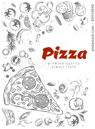 Pizza line banner. Engraved style doodle background. Savoury pizza ads. Tasty vector banner for cafe, restaurant or food delivery service 88419848