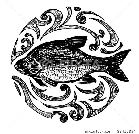 Fish in the circle. Ink black and white drawing 88419854