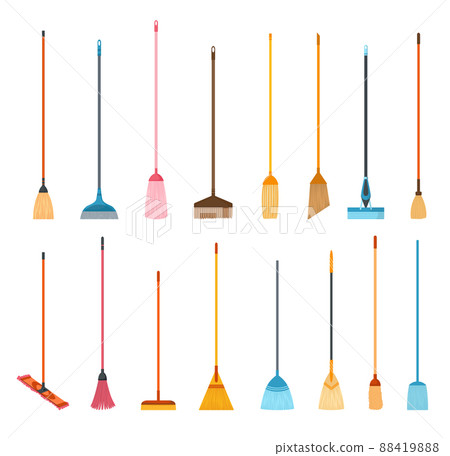 Broom mop icons. Hygiene handling equipments objects illustration, household mop and housework broom tools isolated on white background 88419888