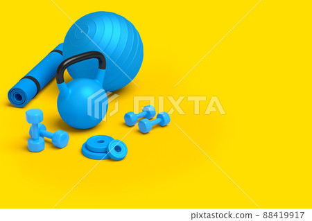 Isometric view of sport equipment like yoga mat, kettlebell, dumbbell and ball on yellow background. 3d render of power lifting and fitness concept Isometric view of sport equipment like yoga mat, kettlebell, dumbbell and ball on yellow background. 3d render of power lifting and fitness concept 88419917