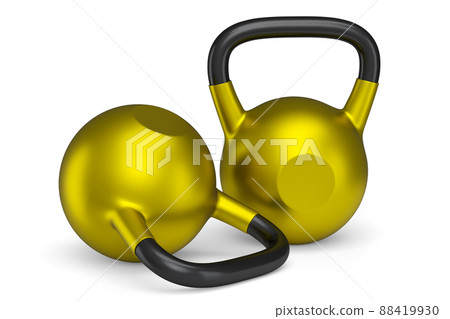 Set of gym gold kettlebell for workout isolated on white background. 3d rendering of sport equipment for fitness and powerlifting Set of gym gold kettlebell for workout isolated on white background. 3d rendering of sport equipment for fitness and powerlifting 88419930