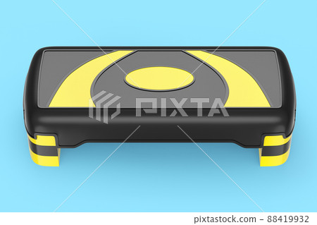 Stepper for fitness and yellow step platform for aerobics isolated on blue background. 3d rendering of sport equipment for fitness, trx and active workout Stepper for fitness and yellow step platform for aerobics isolated on blue background. 3d rendering of sport equipment for fitness, trx and active workout 88419932