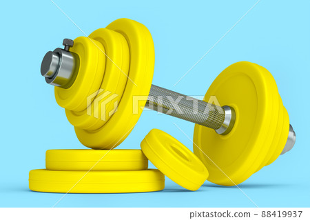 Metal dumbbell with yellow disks isolated on blue background. 3d rendering of sport equipment for fitness and powerlifting Metal dumbbell with yellow disks isolated on blue background. 3d rendering of sport equipment for fitness and powerlifting 88419937