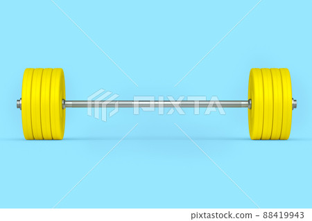 Abstract metal barbell with yellow disks isolated on blue background. 3d rendering of sport equipment for fitness and powerlifting Abstract metal barbell with yellow disks isolated on blue background. 3d rendering of sport equipment for fitness and powerlifting 88419943