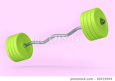 Abstract metal barbell with green disks shaped handle isolated on pink background. 3d rendering of sport equipment for fitness and powerlifting 88419944