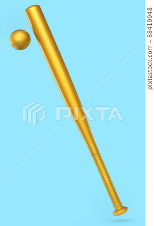 Gold professional softball or baseball bat and ball isolated on blue background. 3d rendering of sport accessories for team playing games Gold professional softball or baseball bat and ball isolated on blue background. 3d rendering of sport accessories for team playing games 88419948