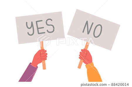 Yes no banner. Isolated text placard, hands hold right wrong message. Idea or choice, correct and incorrect dialog mark decent concept Yes no banner. Isolated text placard, hands hold right wrong message. Idea or choice, correct and incorrect dialog mark decent concept 88420014