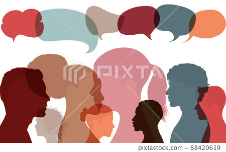 Silhouette heads faces of multicultural business people with speech bubble. Concept for expressing opinions evaluations and feedback. Communication and conversation between diverse people Silhouette heads faces of multicultural business people with speech bubble. Concept for expressing opinions evaluations and feedback. Communication and conversation between diverse people 88420619