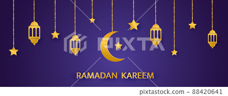 Ramadan Kareem long background. Golden crescent and stars hanging on dark violet banner. Gold luxury papercut design elements. Eid Mubarak celebration card. Muslim holy month. Vector illustration 88420641