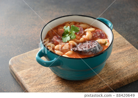 Spanish fabada on brown table. Copy space Spanish fabada on brown table. Copy space 88420649