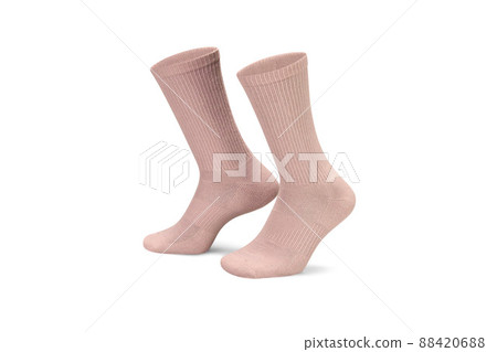 Pair of pink cotton socks isolated on white. Set of short socks for sports as mock up and label for advertising, logo, branding. 88420688